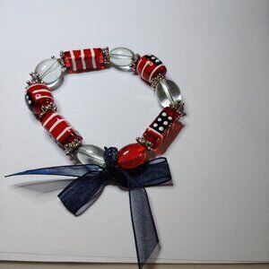 Fiona Hand Painted Flag Glass Bead Stretch Bracelet USA Patriotic Theme